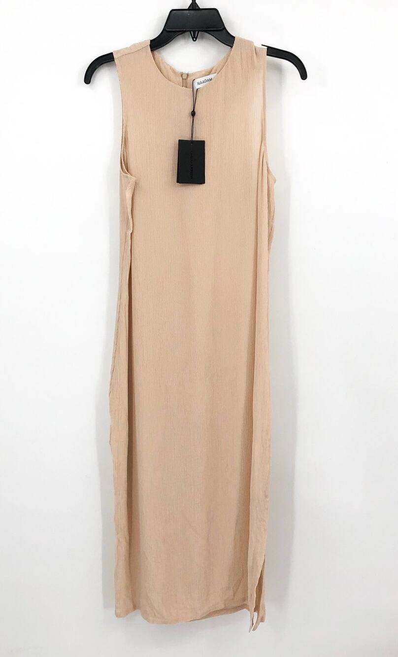 NAADAM Women's Lyocell Crinkle Midi Dress Small Nude Tan Sleeveless Crewneck NWT